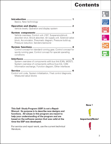 Audi A8L Adaptive Air Suspension Technical Service Training Self-Study Program Table of Contents