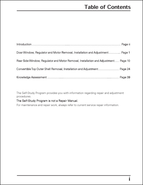 Volkswagen New Beetle Convertible Top and Window Repair Technical Service Training Self-Study Program Table of Contents