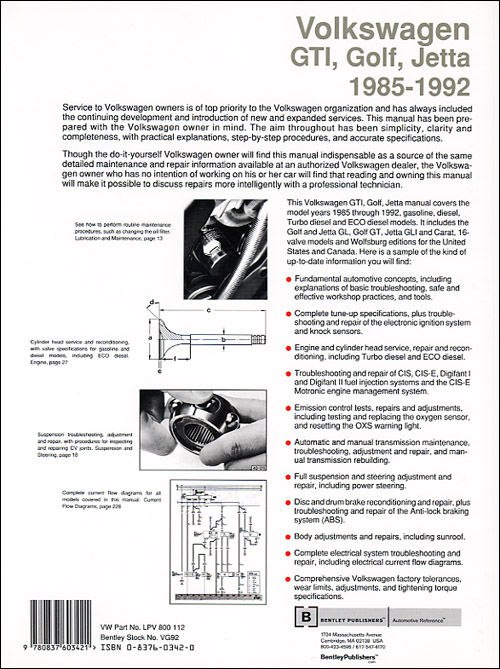 Volkswagen GTI, Golf, Jetta Service Manual: 1985-1992 back cover