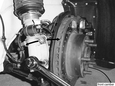 Front camber
Service note-
Bounce vehicle 2 - 3 times and allow car to reach normal ride height.
Loosen upper and lower strut to wheel bearing carrier mounting allen bolts.
Pivot upper bolt to adjust camber to specifications.
Use Porsche special service tools 9265 and 9265/1 to pivot upper bolt and tighten in place.
Tightening torque
Strut to wheel bearing carrier
M12 Allen bolt.....135 Nm (101 ft-lb)
44 Alignment, Wheels, Tires
page 44-6