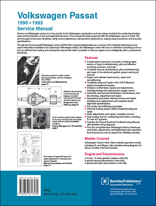 Volkswagen Passat Service Manual: 1990-1993, including GL and Wagon back cover