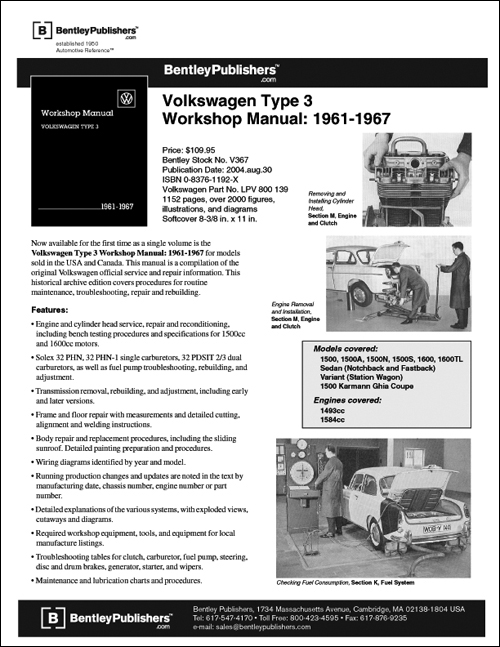 Volkswagen Type 3 Workshop Manual: 1961-1967 back cover insert